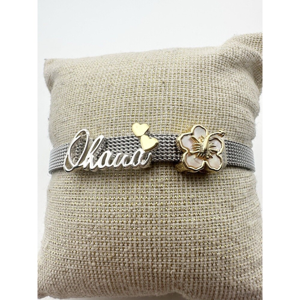 Disney Silver Plated Ohana Mother Of Pearl Flower Charm Bracelet 7”